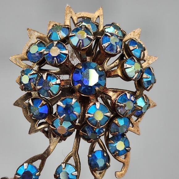 Vintage Lapel Brooch Pin Triple Layer Blue Rhinestone Crystal Flower Gold Tone - Picture 2 of 6